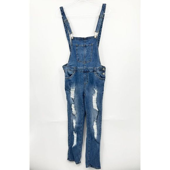 Papaya Women's Blue Denim High Rise Distressed Sleeveless Overalls Size Large - Picture 2 of 10